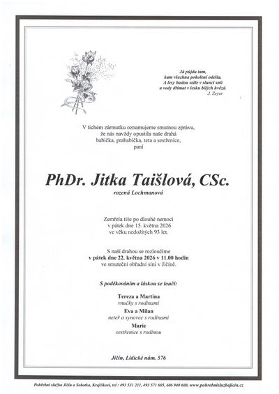 Smuteční oznámení – Jitka Taišlová