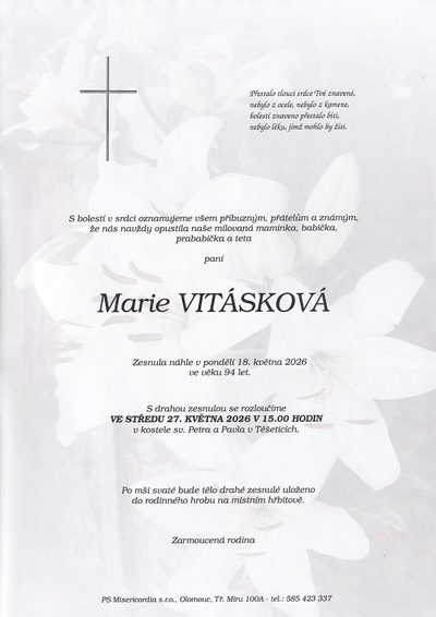 Smuteční oznámení – Marie Vitásková