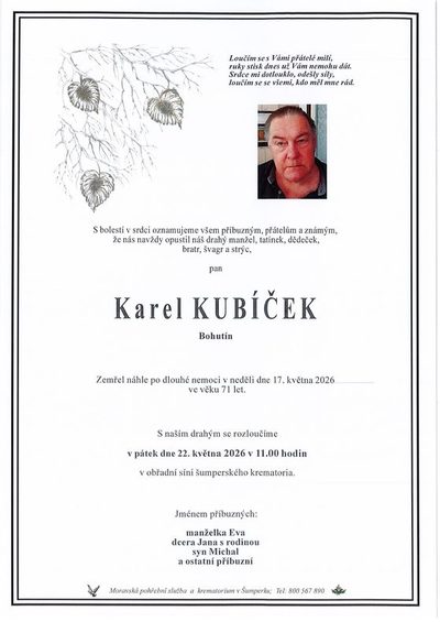 Smuteční oznámení – Karel Kubíček