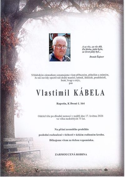 Smuteční oznámení – Vlastimil Kábela