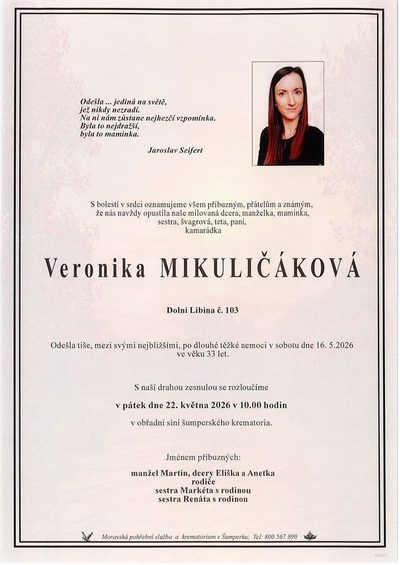 Smuteční oznámení – Veronika Mikuličáková