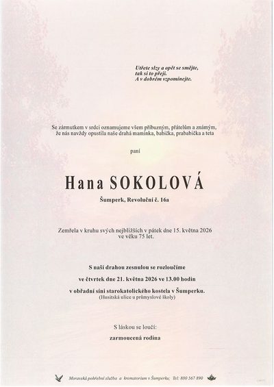 Smuteční oznámení – Hana Sokolová