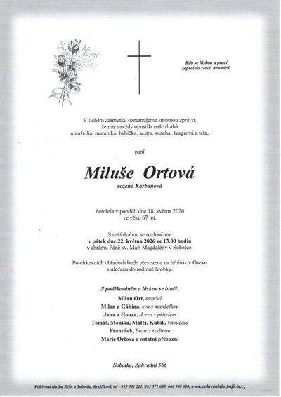 Smuteční oznámení – Miluše Ortová