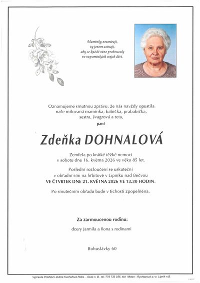 Smuteční oznámení – Zdeňka Dohnalová