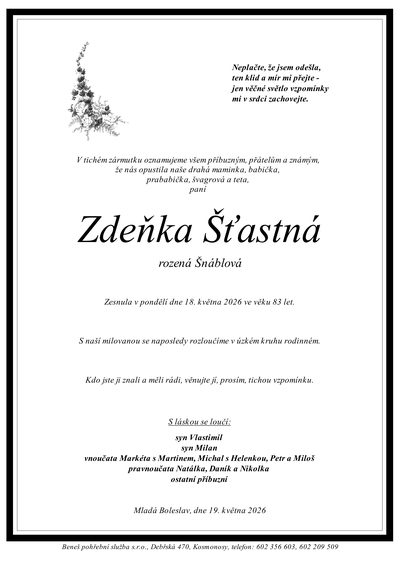 Smuteční oznámení – Zdeňka Šťastná