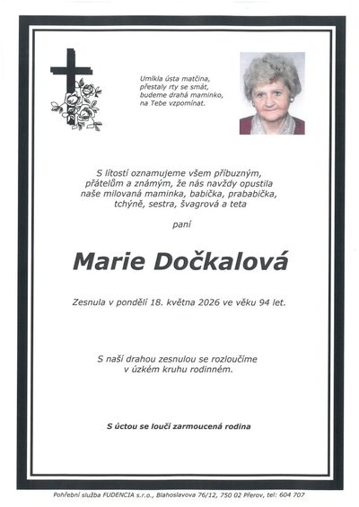 Smuteční oznámení – Marie Dočkalová