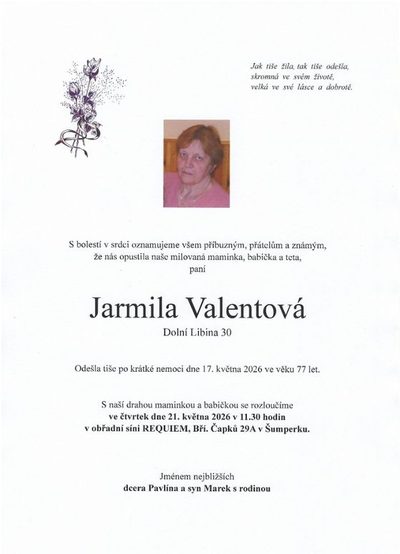 Smuteční oznámení – Jarmila Valentová