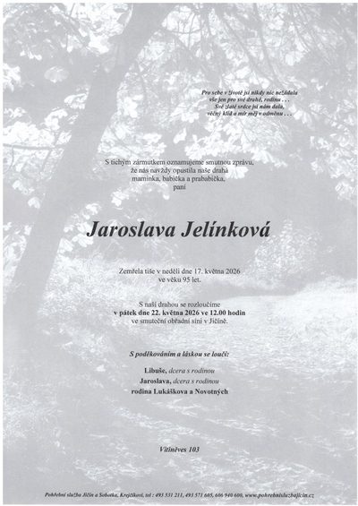 Smuteční oznámení – Jaroslava Jelínková