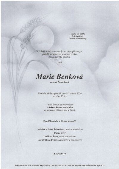 Smuteční oznámení – Marie Benková