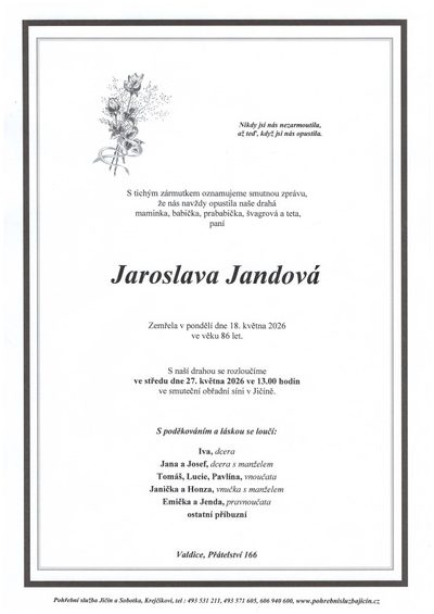 Smuteční oznámení – Jaroslava Jandová