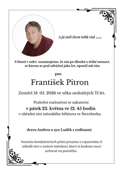 Smuteční oznámení – František Pitron
