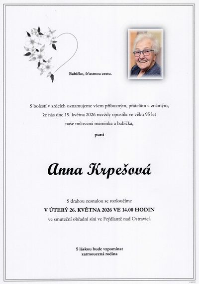 Smuteční oznámení – Anna Krpešová