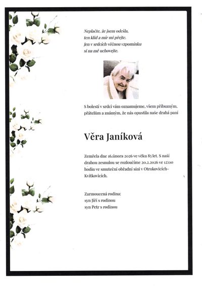 Smuteční oznámení – Věra Janíková