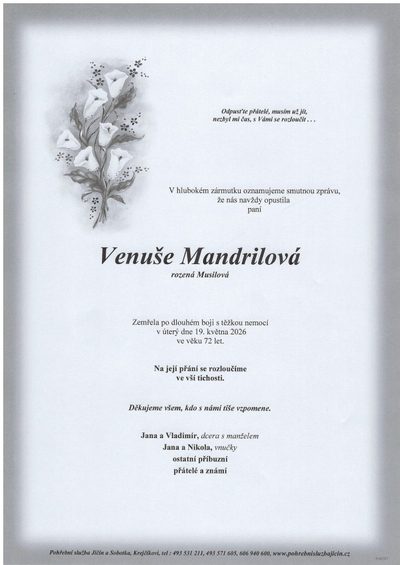 Smuteční oznámení – Venuše Mandrilová