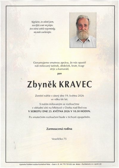 Smuteční oznámení – Zemřel Kravec KRAVEC
