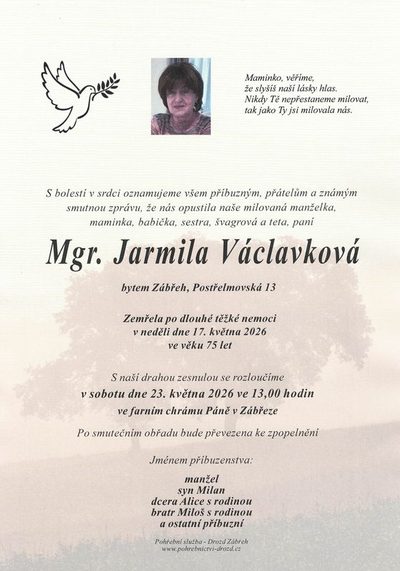 Smuteční oznámení – Mor. Jarmila Václavkova