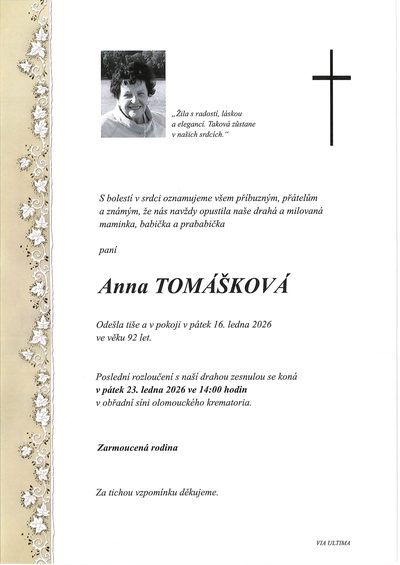 Smuteční oznámení – Anna Tomášková