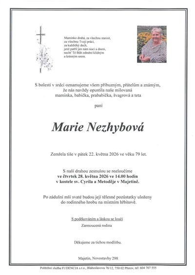 Smuteční oznámení – Marie Nezhybová