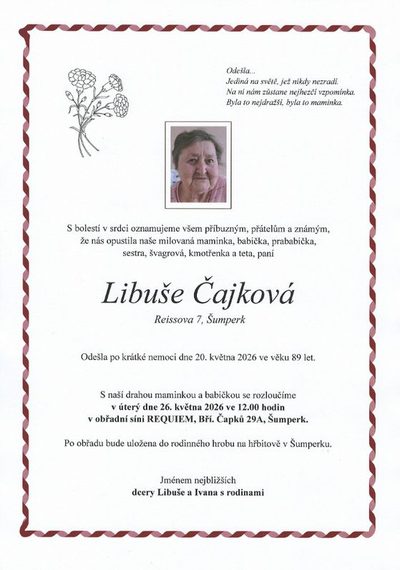 Smuteční oznámení – Libuše Čajková
