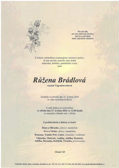Smuteční oznámení – Růžena Brádlová
