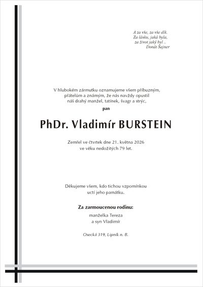 Smuteční oznámení – Vladimír Burstein