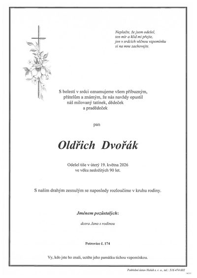 Smuteční oznámení – Oldřich Dvořák
