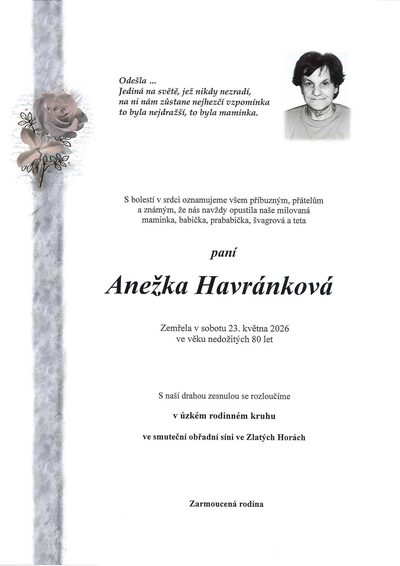 Smuteční oznámení – Anežka Havránková