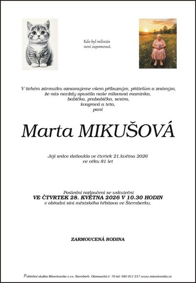 Smuteční oznámení – Marta Mikušová