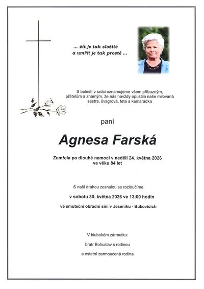 Smuteční oznámení – Agnesa Farská