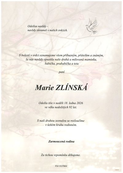 Smuteční oznámení – Marie Zlínská