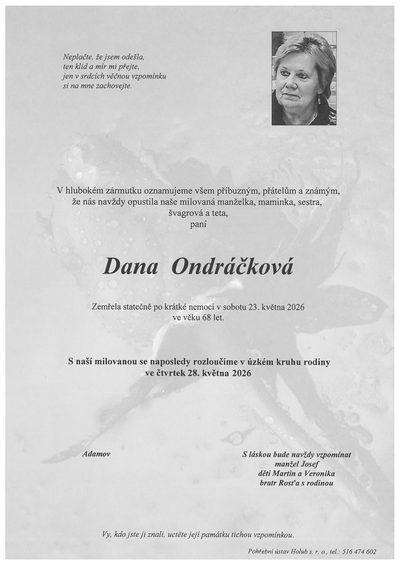 Smuteční oznámení – Dana Ondráčková