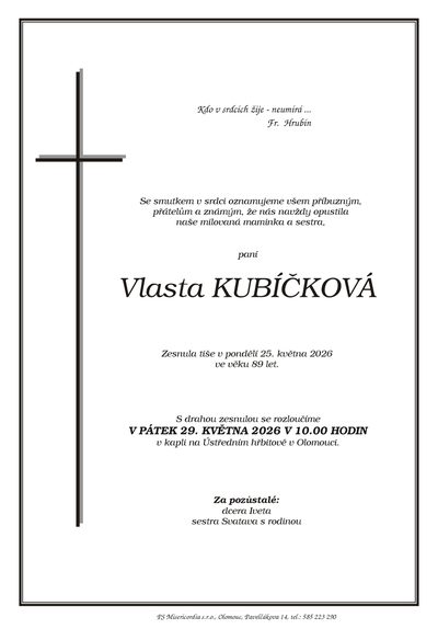 Smuteční oznámení – Vlasta Kubíčková