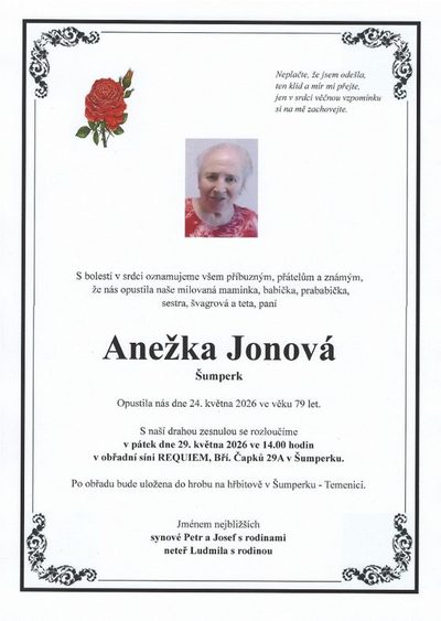 Smuteční oznámení – Anežka Jonová