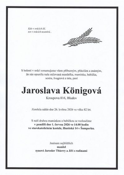 Smuteční oznámení – Jaroslava Kónigová