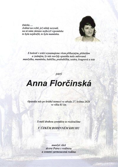 Smuteční oznámení – Anna Florčinská