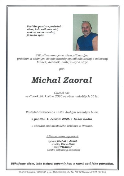 Smuteční oznámení – Michal Zaoral