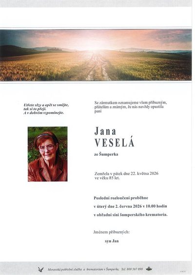 Smuteční oznámení – Jana Veselá