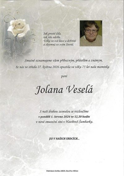 Smuteční oznámení – Jolana Veselá