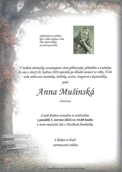Smuteční oznámení – Anna Mušinská