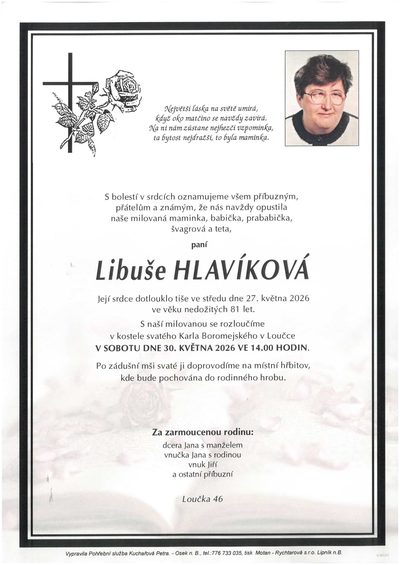 Smuteční oznámení – Libuše Hlavíková
