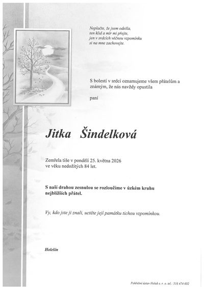 Smuteční oznámení – Jitka Šindelková