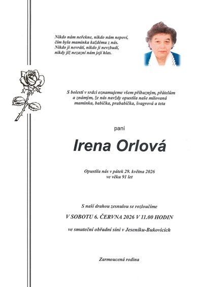 Smuteční oznámení – Irena Orlová