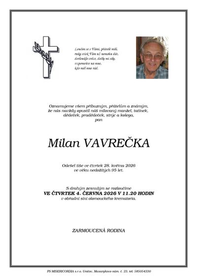 Smuteční oznámení – Milan Vavrečka