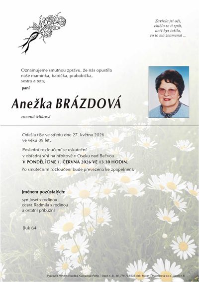 Smuteční oznámení – Anežka Brázdová