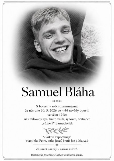 Smuteční oznámení – Samuel Bláha
