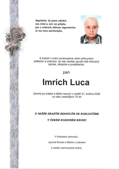 Smuteční oznámení – Imrich Luca