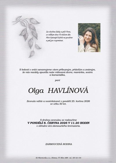 Smuteční oznámení – Olga Havlínová