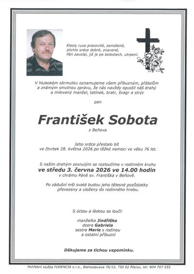 Smuteční oznámení – František Sobota