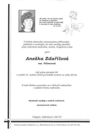 Smuteční oznámení – Anežka Zdařilová