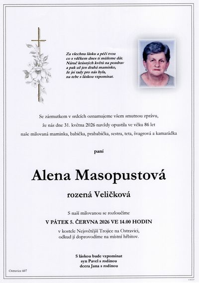 Smuteční oznámení – Alena Masopustová